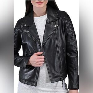 Express Brown Faux Leather Moto Jacket Quilted Shoulders Size L